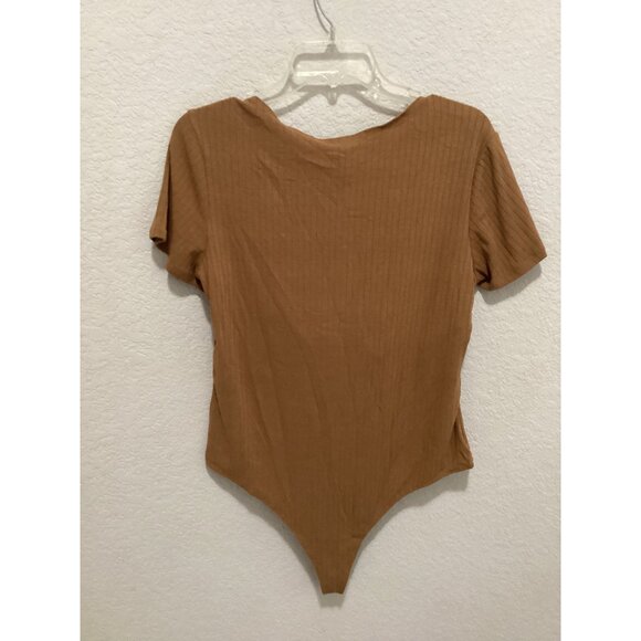 Wild Fable Brown Ribbed Short-Sleeve Tie-Front Bodysuit Size XL - Picture 4 of 4